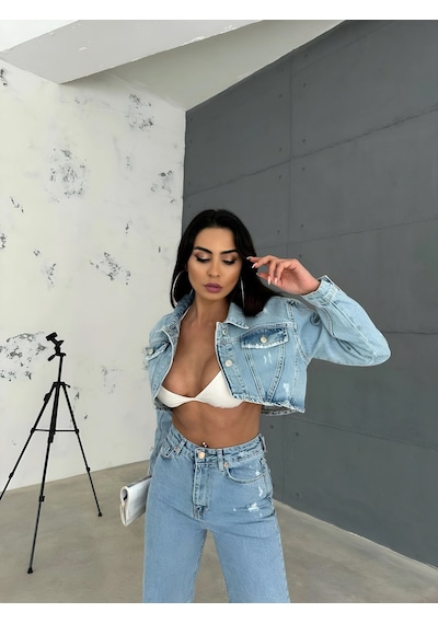 Havens Aleya Denim Crop Ceket Mavi