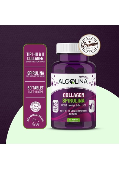 Collagen + Spirulina Tablet Takviye Edici Gıda - 1260 Mg 60 Tablet - Kolajen Tip 1 2 3