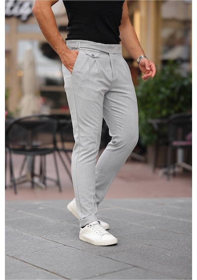 Kemer Detaylı Kuşaklı Old Money Kumaş Pantolon Gri