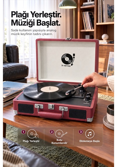 Kensa Bluetooth Lu Nostaljik Çantalı Pikap 33/45/78 Devir Dahili Bataryalı Plak Çalar Bordo