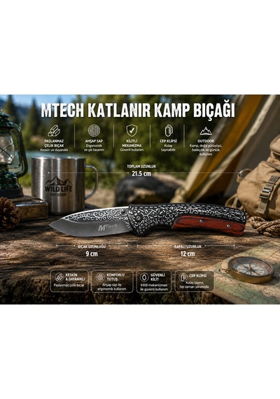 Kamp Bıcağı Çakı Şık Tasarım Ahşap Saplı Yarı Otomatik 0006 Açık Gri