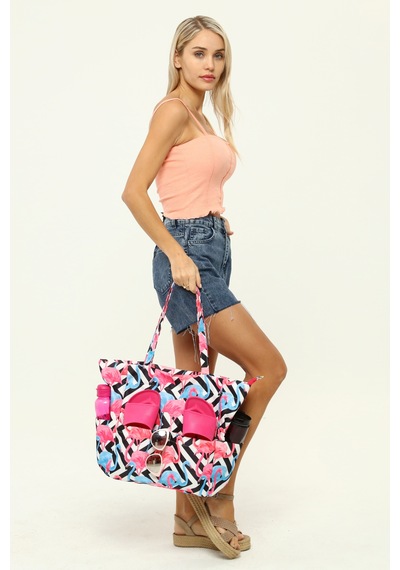 İcone Bag Kadın Çantası, Fonksiyonel Baskılı Plaj Çanta, Beach Bag, Karpuz Tropical Desenli Fermuarlı Çanta Pembe - Siyah