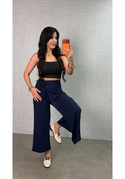 DefyModa Kadın Beli Lastikli Bağcık Detay Aerobin Kumaş Etek Pantolon Lacivert