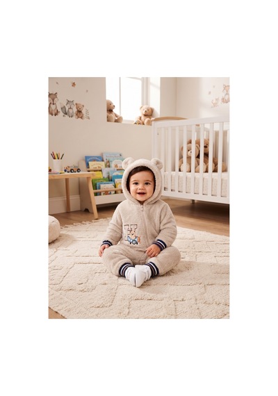 Chicsy Baby Tatlı Pilot Ayıcık Nakışlı Bebek Welsoft Tulum Kapüşonlu Kulaklı Fermuarlı Kışlık Peluş Tulum Krem