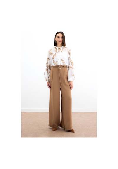 Sateen Nakışlı Şifon Gömlek - Camel-136180 CAMEL
