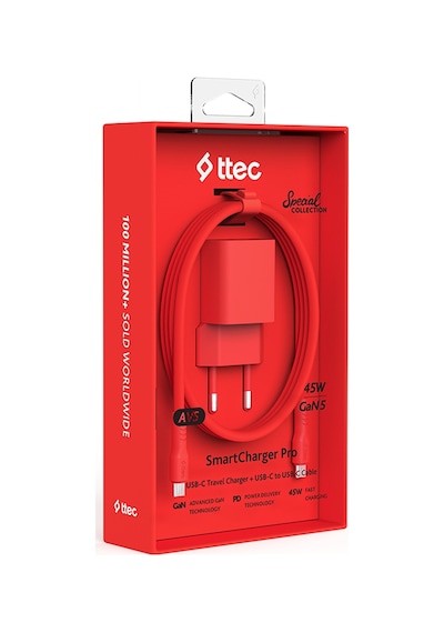 Ttec Smartcharger Gan 45W Avs PD Seyahat Hızlı Şarj Aleti + USB-C - USB-C 3A 120 CM Kablo Neon Kırmızı