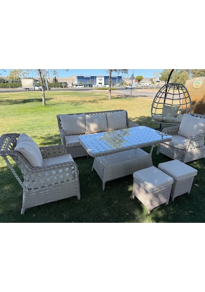 "city View" Lüks Rattan Balkon/teras Takımı Ve Salıncak Seti 7 Kişilik Krem