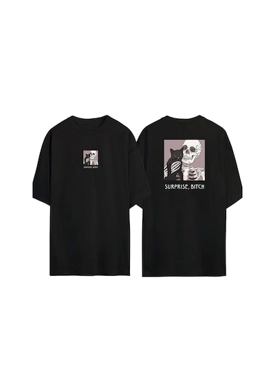 Thewert Unisex Surprise Bıtch Kediyle Selfie Ön Arka Baskılı Sıyah Oversize T-shirt Siyah
