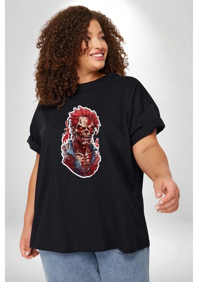 Angemiel Zombi Kırmızı The Walking Dead Siyah Büyük Beden Erkek Kadın Unisex Basic Ön Baskılı Tişört Siyah