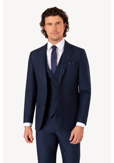 Erkek Lacivert Slim Fit Yelekli Kareli Desen Takım Elbise