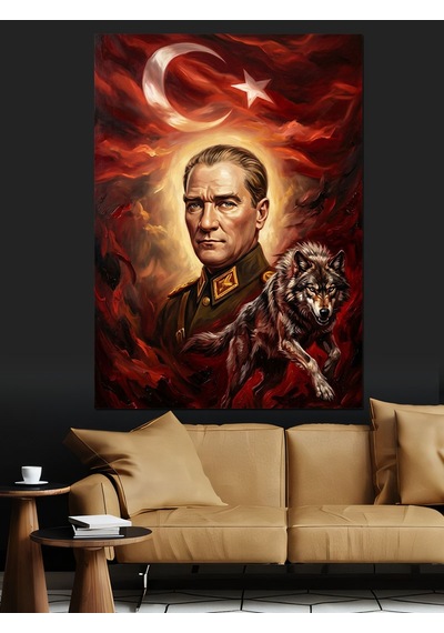 Atatürk Ve Bozkurt Türk Bayrağı Dekoratif Kanvas - Mdf Ahşap Tablo