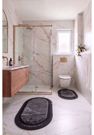 Banyo Paspası Takımı 60x100+40x60 Cm İç Trikot Antrasit Gri & Siyah