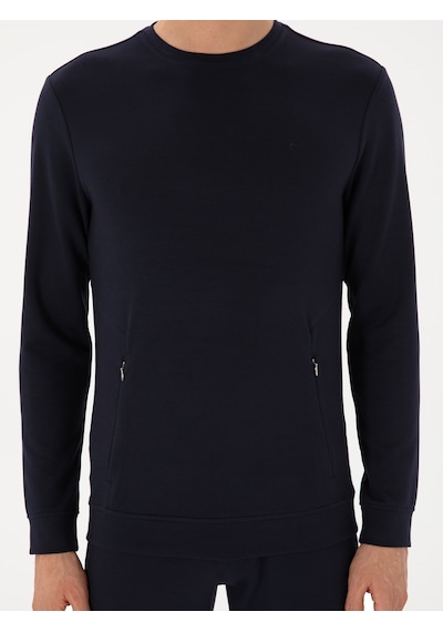 Lacivert Regular Fit Modal Karışımlı Bisiklet Yaka Sweatshirt
