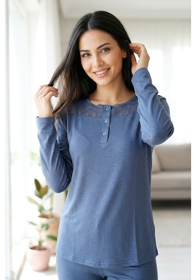 Aura Collections Kadın Dantelli Bambu Viskon Uzun Kollu Mevsimlik Soft Örme Pijama Takımı Lacivert