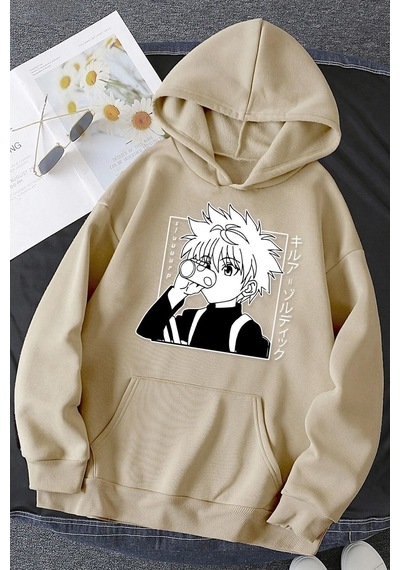 Uyguntarz Unisex Killua Zoldyck Baskılı Sweatshirt Bej