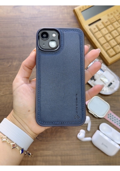 Apple iPhone 14 Uyumlu Premium Deri Dokulu Darbelere Karşı Dayanıklı Nazal Silikon Kılıf Lacivert
