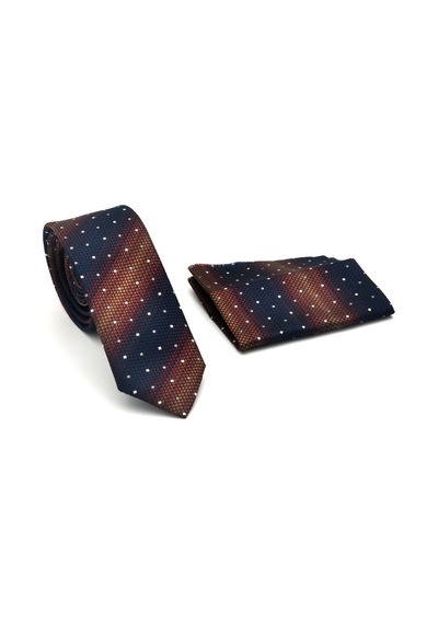 Gaffy Kahverengi Verev Desenli Lacivert Dokuma Kumaş Mendilli Slim Fit Kravat // Sdk-2505-2 Lacivert