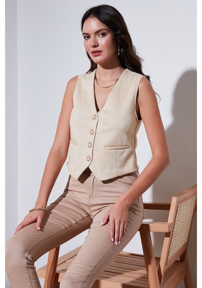 Lela Fitted Scuba Süet V Yaka Düğmeli Bayan Yelek 5865576 Taş