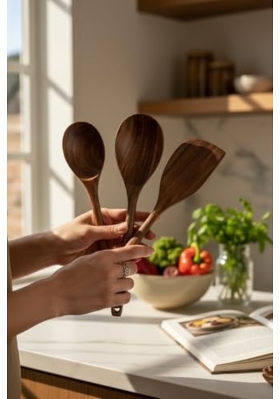 El Yapımı Ceviz Ağacı 3 Parça Tahta Kaşık,geniş Kaşık, Spatula Ahşap Mutfak Seti