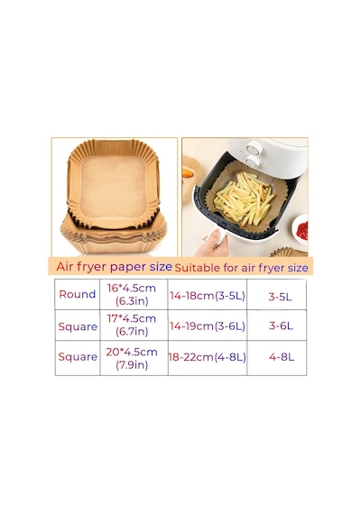 Mıopen Sıcak Hava Fritözleri İçin Fırın Kağıdı, 100 Adet Airfryer Pişirme Kağıdı, Yapışmaz, Yağa Dayanık