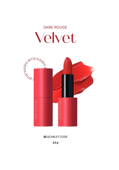 Missha Dare Rouge Velvet Yoğun Pigmentli Blur Etkili Nemli Kadife Bitişli Ruj 32 Scarlet Code