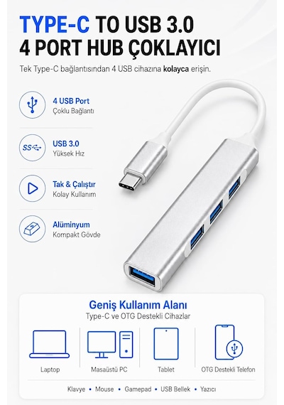 Type-c To Usb Hub 4 Port Çoklayıcı Macbook Ile Uyumlu Çoğaltıcı Type C To Usb Converter Hub