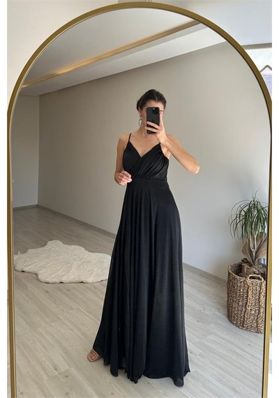 Neşeli Butik Kadın Işıltılı Askılı Yırtmaç Detayı Şifon Abiye Elbise Nm002 Siyah
