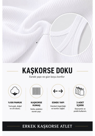 Hepsine Rakip 3 Lü Erkek Askılı Kaşkorse Atlet %100 Pamuklu 1044 Beyaz