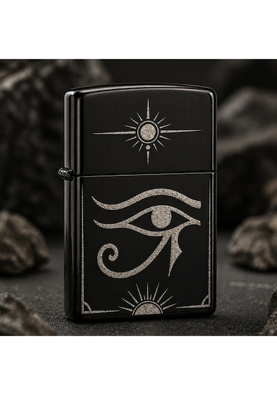 Tamgacrafts Horus Gözü Desenli Siyah Metal Benzinli Çakmak