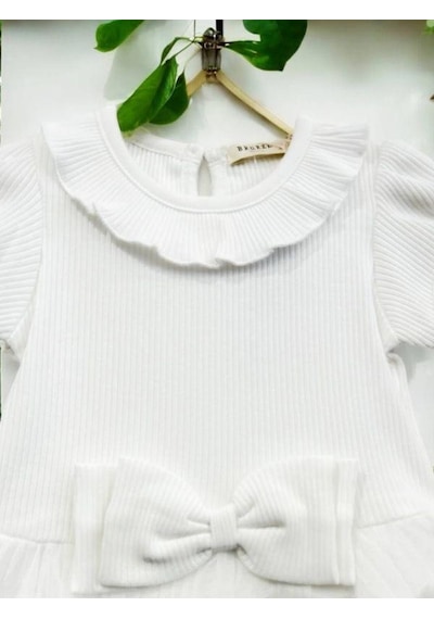 Zekids Kız Çocuk Fitilli Tütülü Elbise-14525 Beyaz