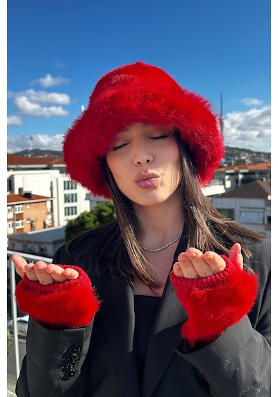Mollycrush Kadın Kırmızı 2 Li Peluş Bucket Şapka Eldiven Trend Premium Set Kırmızı