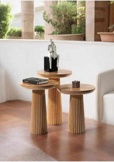 Wood Wooden 3 Lü Set Fitilli Mantar Yan Sehpa Modern Ahşap Renk Fiskos Ahşap