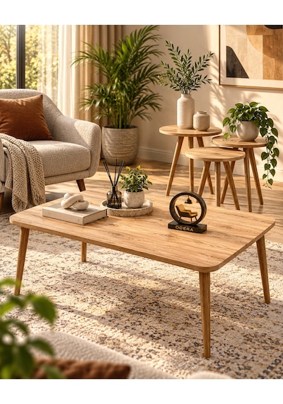 Odera Ceviz Torna Ayaklı Orta Sehpa Ve Yuvarlak Zigon Sehpa 4'lü Set İskandinav Modern Salon Sehpası Diğer