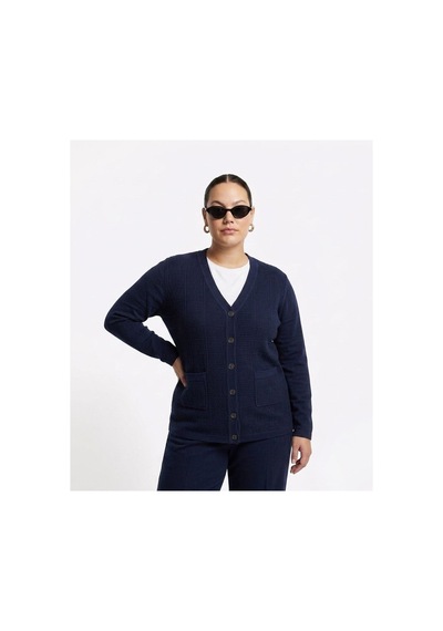 Onno Style Women Jakarlı Kendinden Desenli Çelik Örgü Triko Kadın Ceket Lacivert