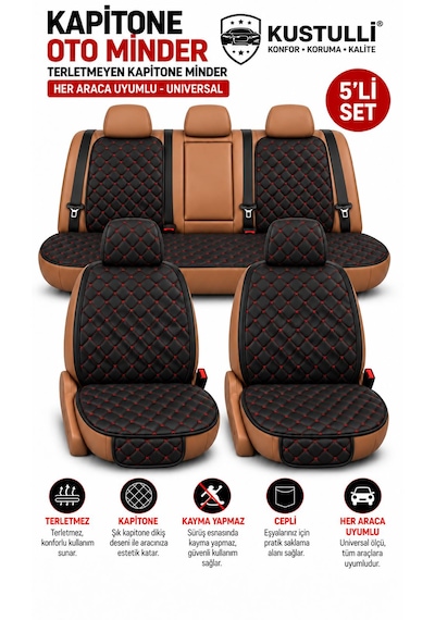 5'li Pilot Kapitone Terletmeyen Oto Koltuk Minder Cepli Model Kırmızı 1