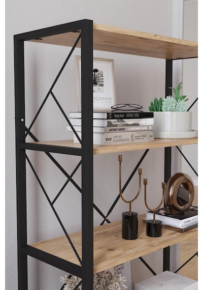 5 Raflı Geniş Kitaplık Dekoratif Metal Ayaklı Ofis Rafı 160x90