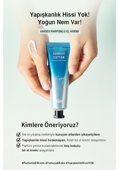 Nemlendirici, Hafif Dokulu Unisex Parfümlü El Kremi Dashu Sunday Cotton Perfume Hand Cream