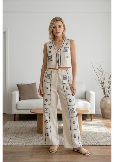Nibu Boutique Nakış Detaylı Alt Üst Takım Ekru