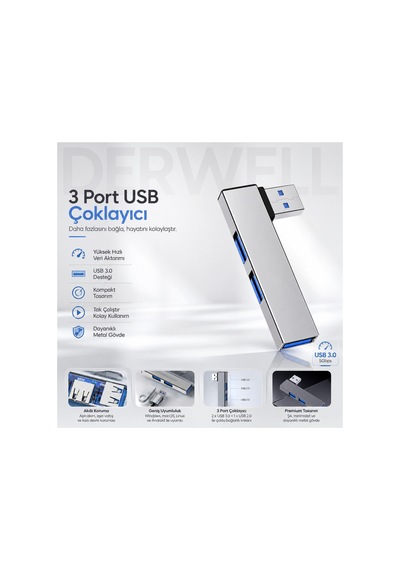 Usb Hub 3 Port Çoklayıcı Çoğaltıcı Dağıtıcı Dönüştürücü Metal Kasa Yüksek Hızlı 5gbps Veri Aktarımı, Usb 3.0 Destekli, Windows Macos Linux Android Uyumlu, Tak Çalıştır Akıllı Korumalı Adaptör
