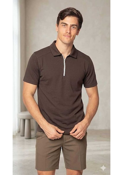Bys Beystil Erkek Kahve Slim Fit Yarım Fermuarlı T-şhirt 263471