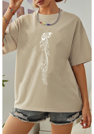 Unisex Butterfly Song Baskılı Tasarım Tshirt Bej