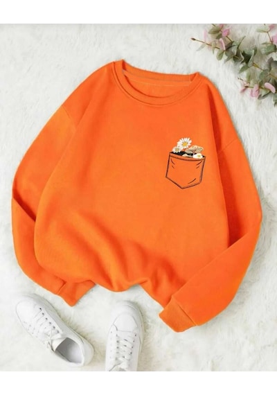 Kozia Outdoors O Yaka Baskılı Oversize Unisex Sweatshirt Turuncu