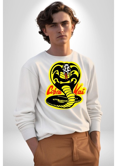 Cobra Kai Karete Çocuk Yılan Logo Dizi Unisex Beyaz Sweatshirt Beyaz