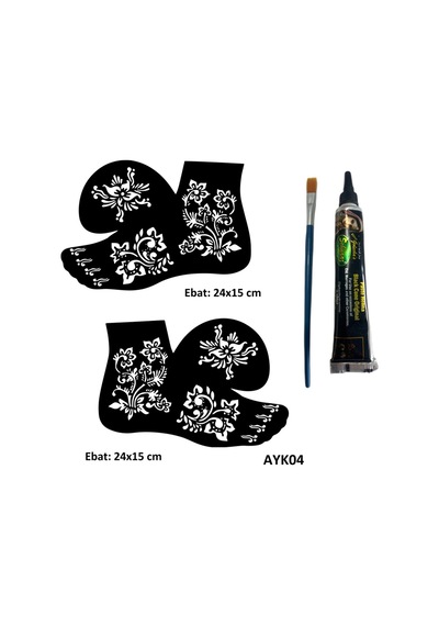 Airbrush Tattoo Gür Çiçekler Ayak Kalıbı 2'li + Siyah Hint Kınası Geçici Dövme Yapma Seti