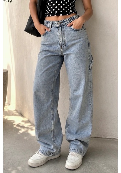 Bb Butik Basic Kargo Cepli Bol Paça Kadın Kot Pantolon St3439 Mavi