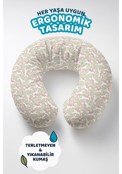 Sevimli Tavşan Desenli Pamuklu Boyun Yastığı - Pastel Yeşil Pembe Çocuk & Yetişkin Seyahat Yastığı Doygun Orman Pas