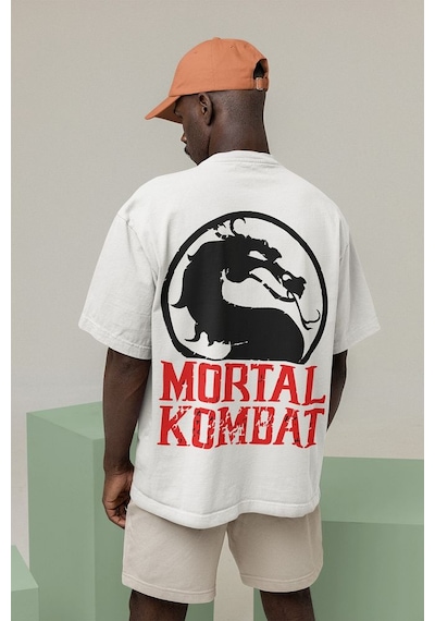 Ejderha Mortal Kombat Baskılı Unisex Oversize Anime Tişört Beyaz