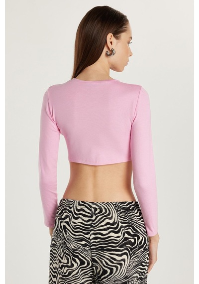 Tudors Kadın Slim Fit Dar Kesim Uzun Kollu Bisiklet Yaka Pembe Hırka-33818 Pembe