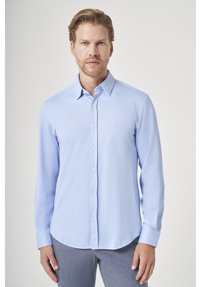 İmza Mavi Tulum Yaka Uzun Kol Cepsiz Örme Slim Fit Pamuklu Gömlek 1004260208 Koyu Mavi