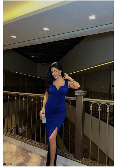 Lior Design Kadın Günlük Yırtmaçlı Maxi Askılı Abiye Elbise Saks